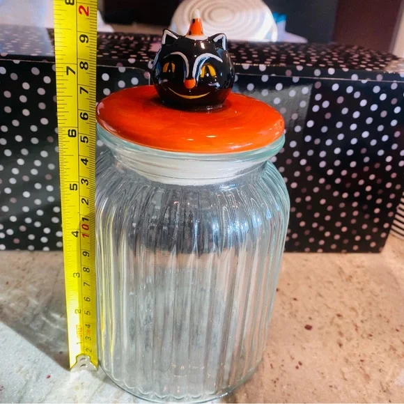 Johanna Parker Black Cat Large Glass Candy Jar Head Lid Vintage Style Transpac - Picture 9 of 10